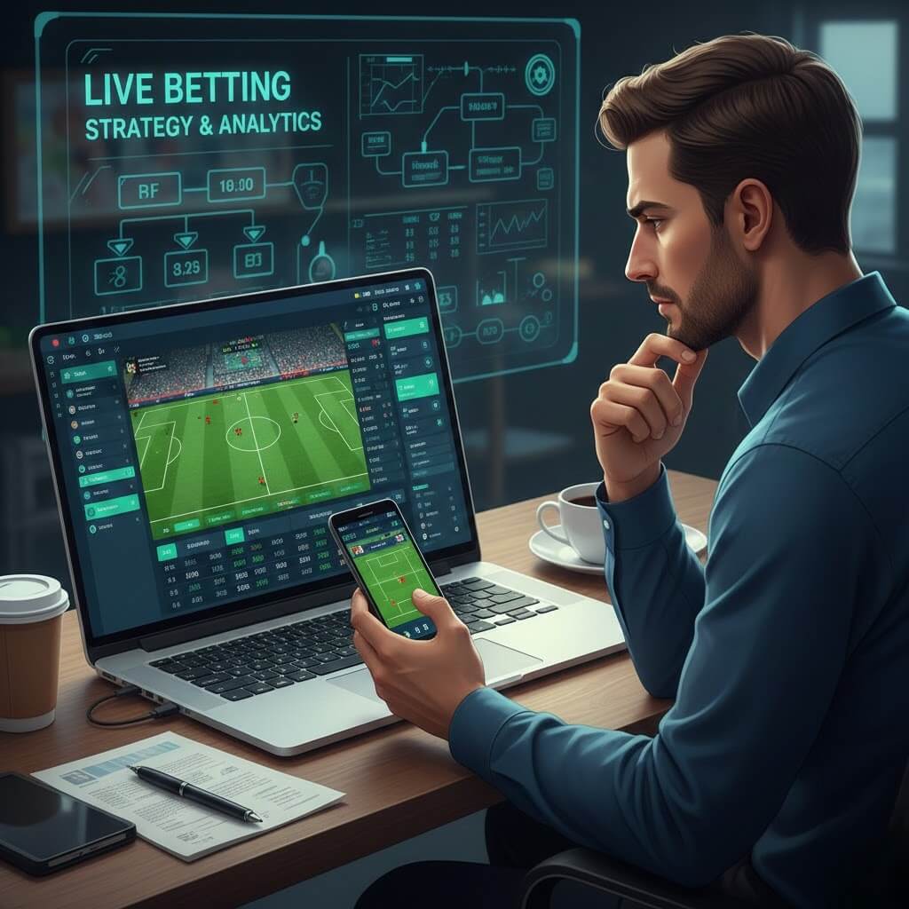 Pemain taruhan bola live di Dewiku88 sedang memantau pertandingan di laptop dan smartphone dengan tampilan odds real-time